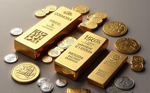 Eine Auswahl an Goldbarren und Silbermünzen, ordentlich angeordnet.